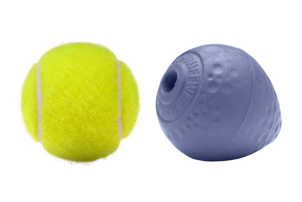 Ruffwear TurnUp Dog Toy showing size next to a tennis ball