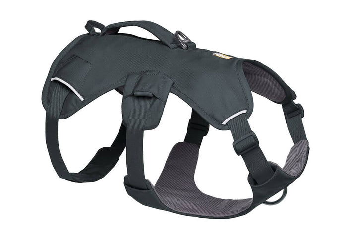 A Basalt Gray Ruffwear Web Master Dog Harness with a secure back lifting handle, chest protection, and multiple leash attachment points.