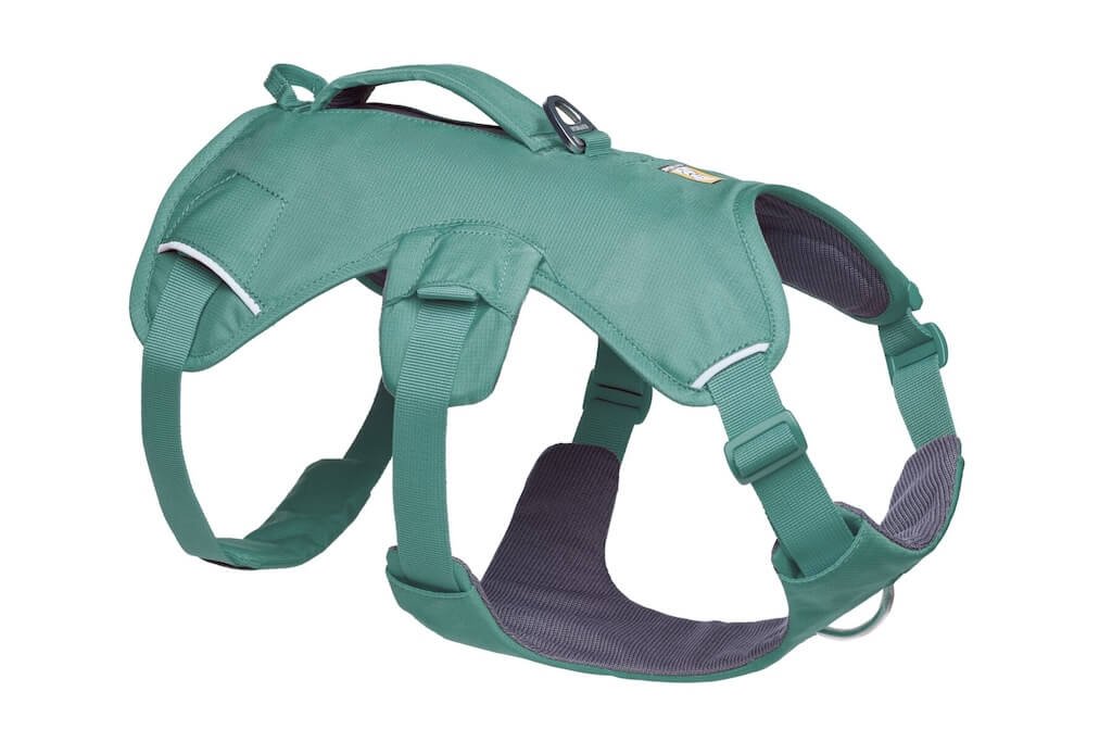 A River Rock Green Ruffwear Web Master Dog Harness with a secure back lifting handle, chest protection, and multiple leash attachment points.
