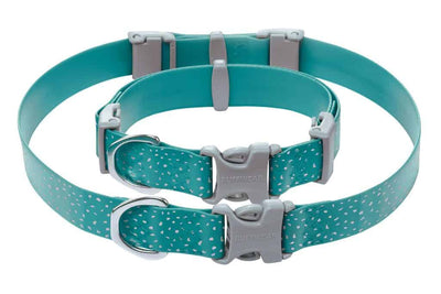 Ruffwear Confluence Dog Collar in Aurora Teal showing the two sizes available