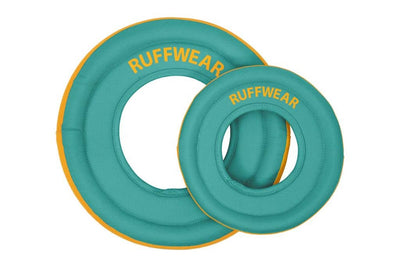 Ruffwear Hydro Plane Dog Toy in Aurora Teal showing the two sizes