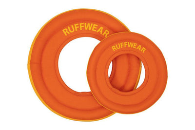 Ruffwear Hydro Plane Dog Toy in Campfire Orange showing the two sizes