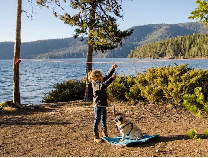 Ruffwear Knot-a-Hitch Showing a Young Girl Attaching her Dog's Lead to the Knot-a-Hitch