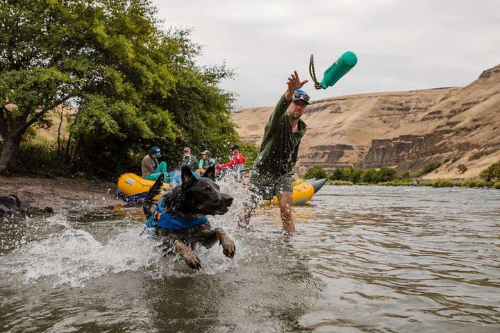 Ruffwear Lunker showing a man throwing it for a dog to fetch