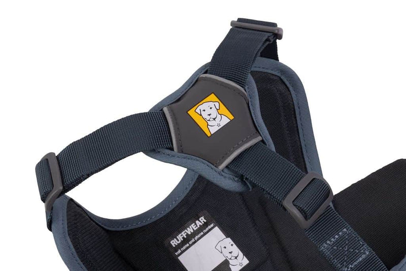 A photo of the underside of the Ruffwear Web Master Harness showing the chest panel and webbing detail.